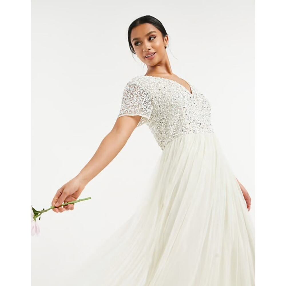 Maya Deluxe embellished v-neck bridal maxi dress in white or ecru petite M
